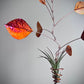 A decorative hanging wind spinner featuring copper-colored metal branches, iridescent orange and pink leaves, and a small green air plant wrapped in a copper spiral, shown against a neutral gray background.